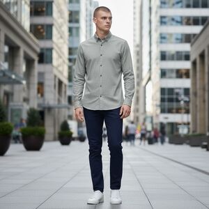 Bar III Men's Slim Fit Stretch Dress Shirt Size 17-17.5 XL Green Leaf Vine Print